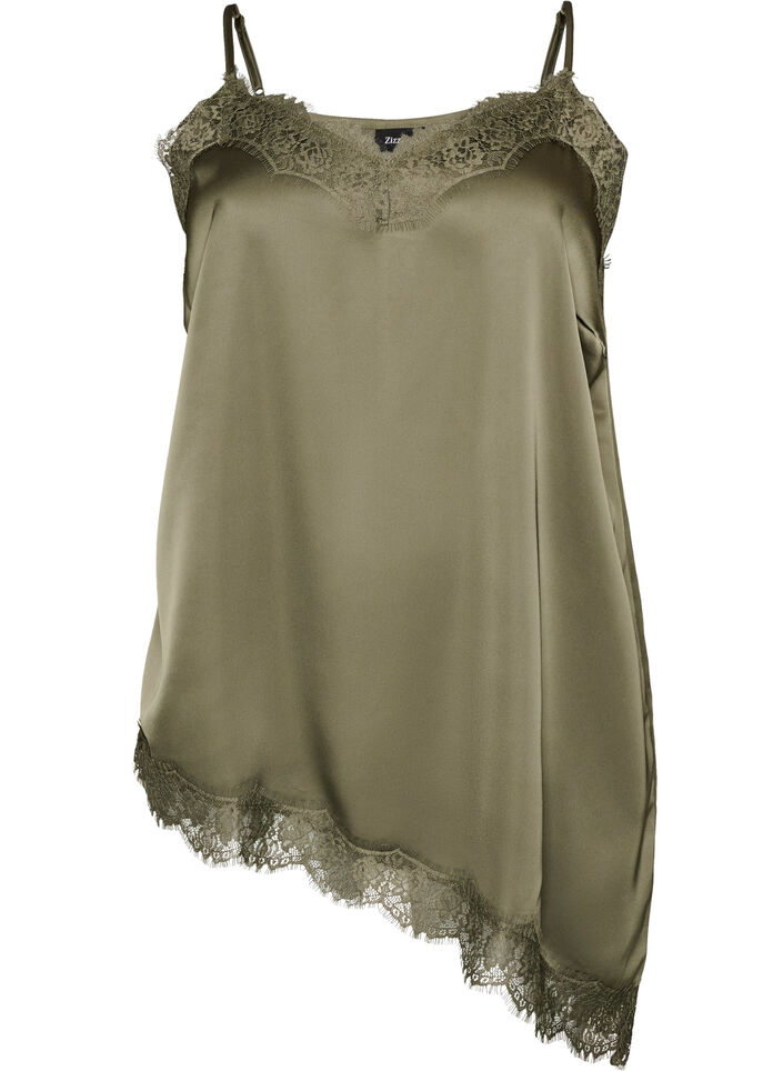 Strappy top with lace and an asymmetrical hem, Green, Packshot image number 0