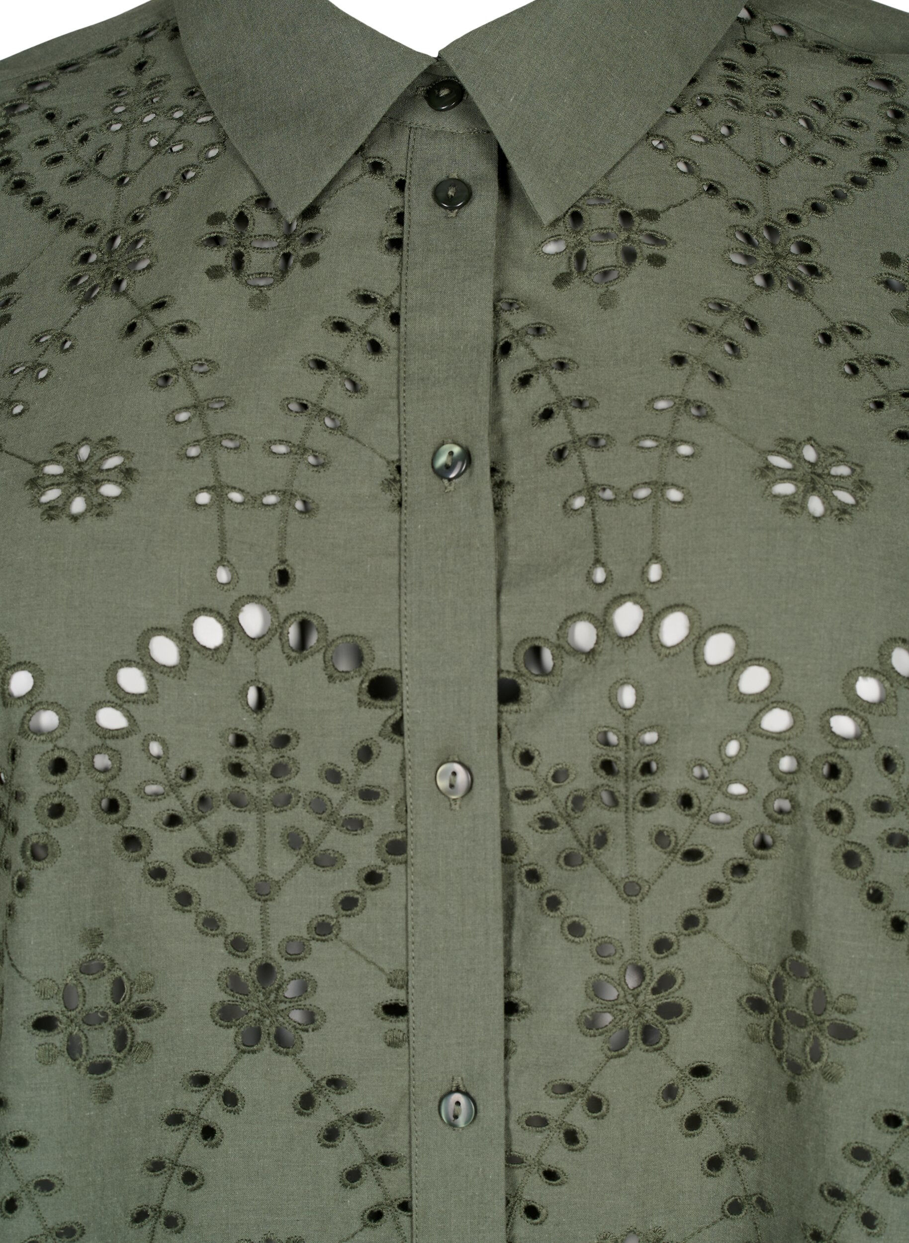Zizzifashion Cotton shirt with broderie anglaise, Thyme, Packshot image number 2