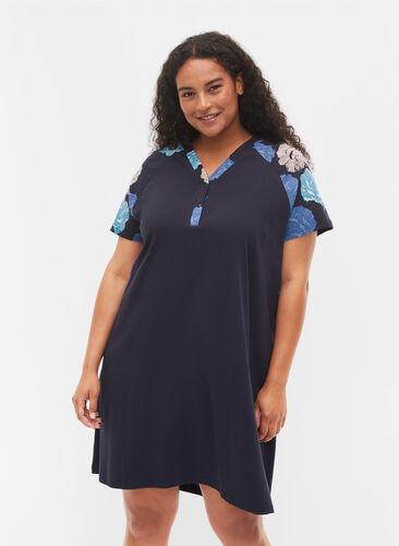 Short sleeve cotton nightdress with print details, Blue Flower, Model image number 0