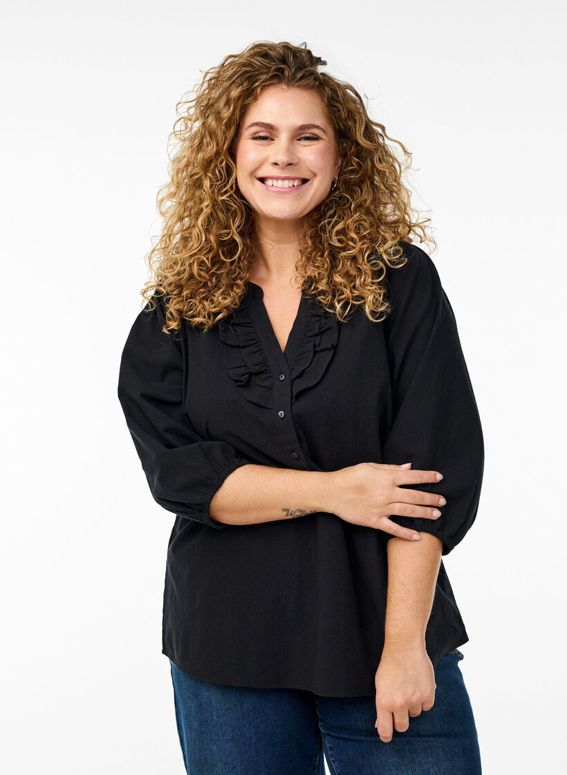 3/4 Sleeve cotton blouse, Black, Model image number 0