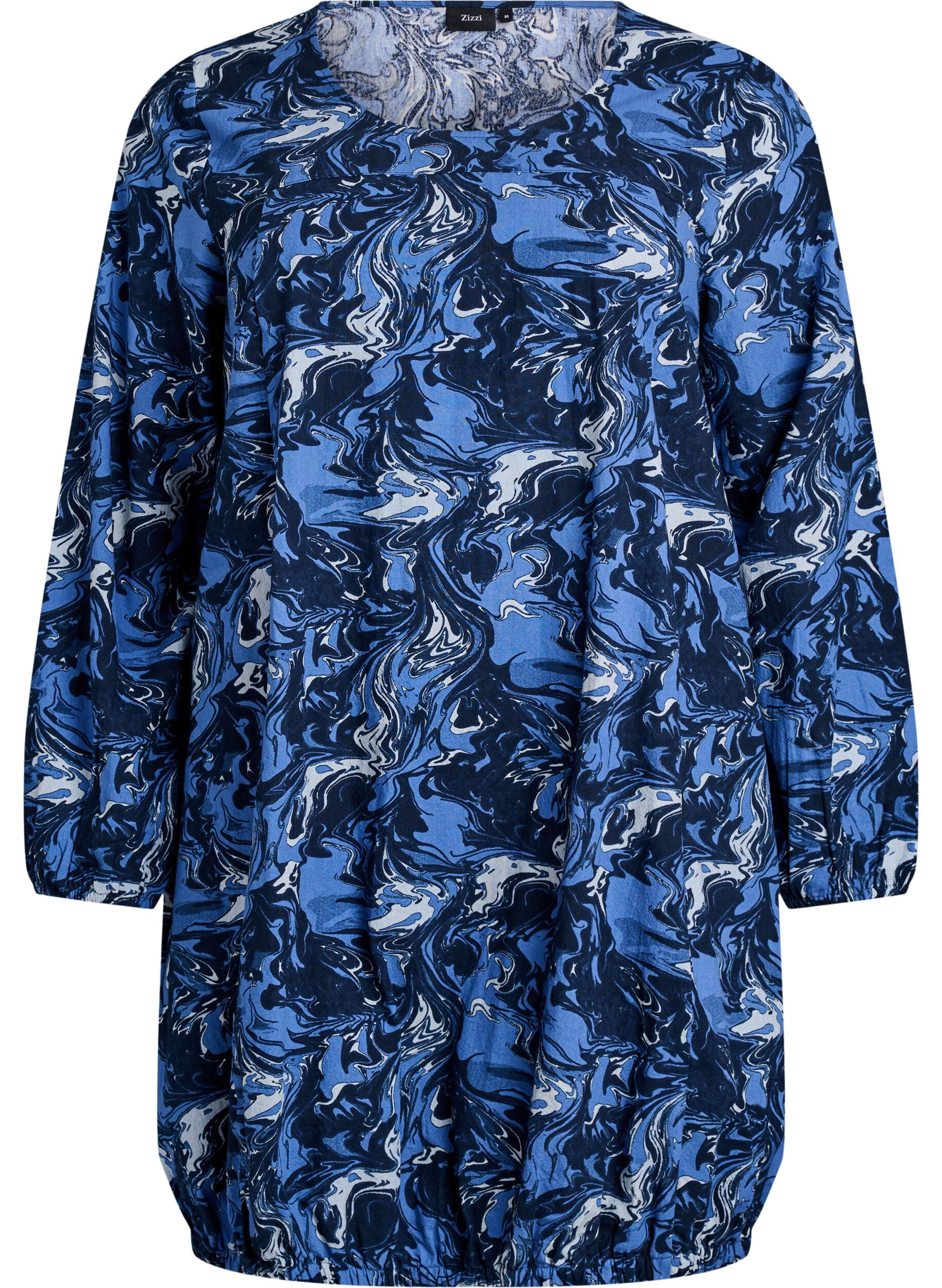 ZizzifashionShort cotton dress with an elasticated hem and long sleeves, Blue, Packshot image number 0
