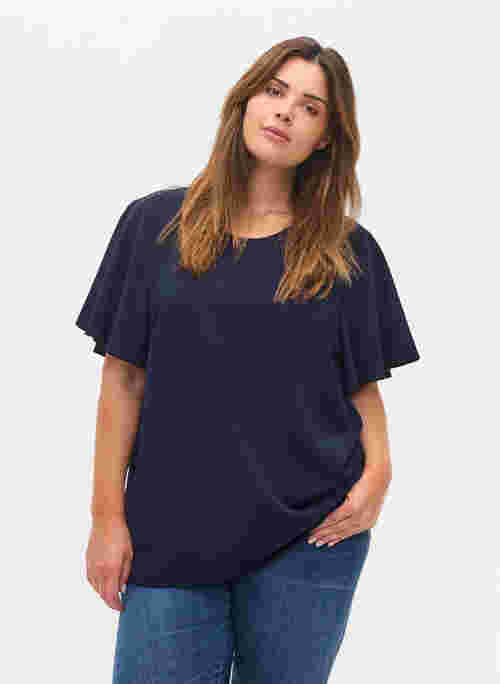 Short-sleeved blouse with rounded neckline