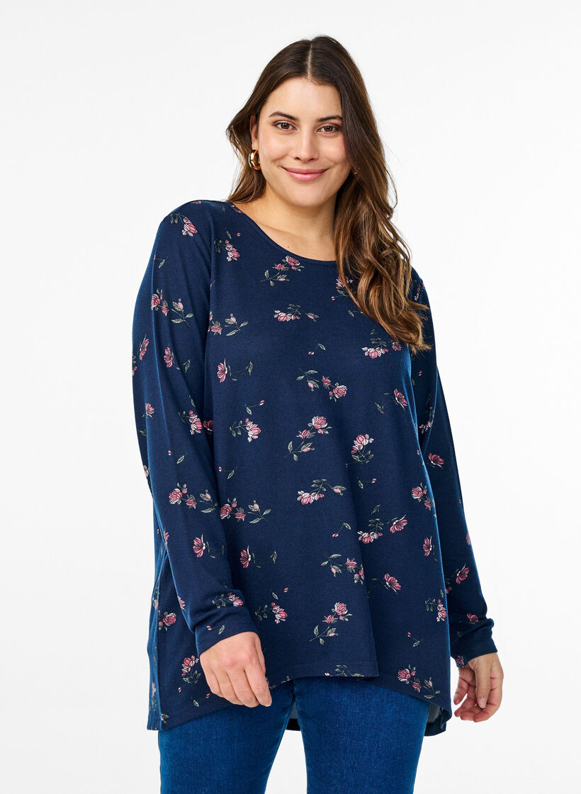 Floral blouse with long sleeves, Blue, Model image number 0