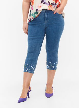 High waisted denim capri trousers with pearls, Light blue denim, Model image number 2