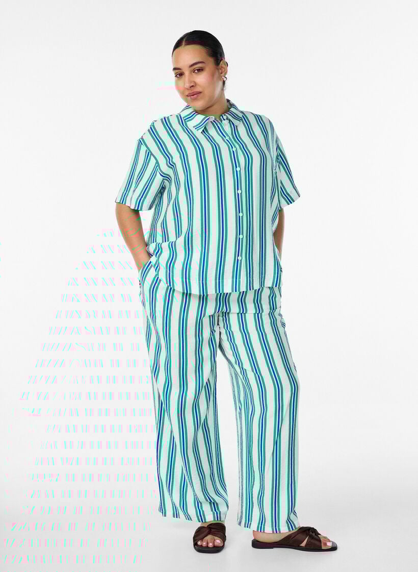 Striped viscose shirt with short sleeves, Vanilla, Model image number 1