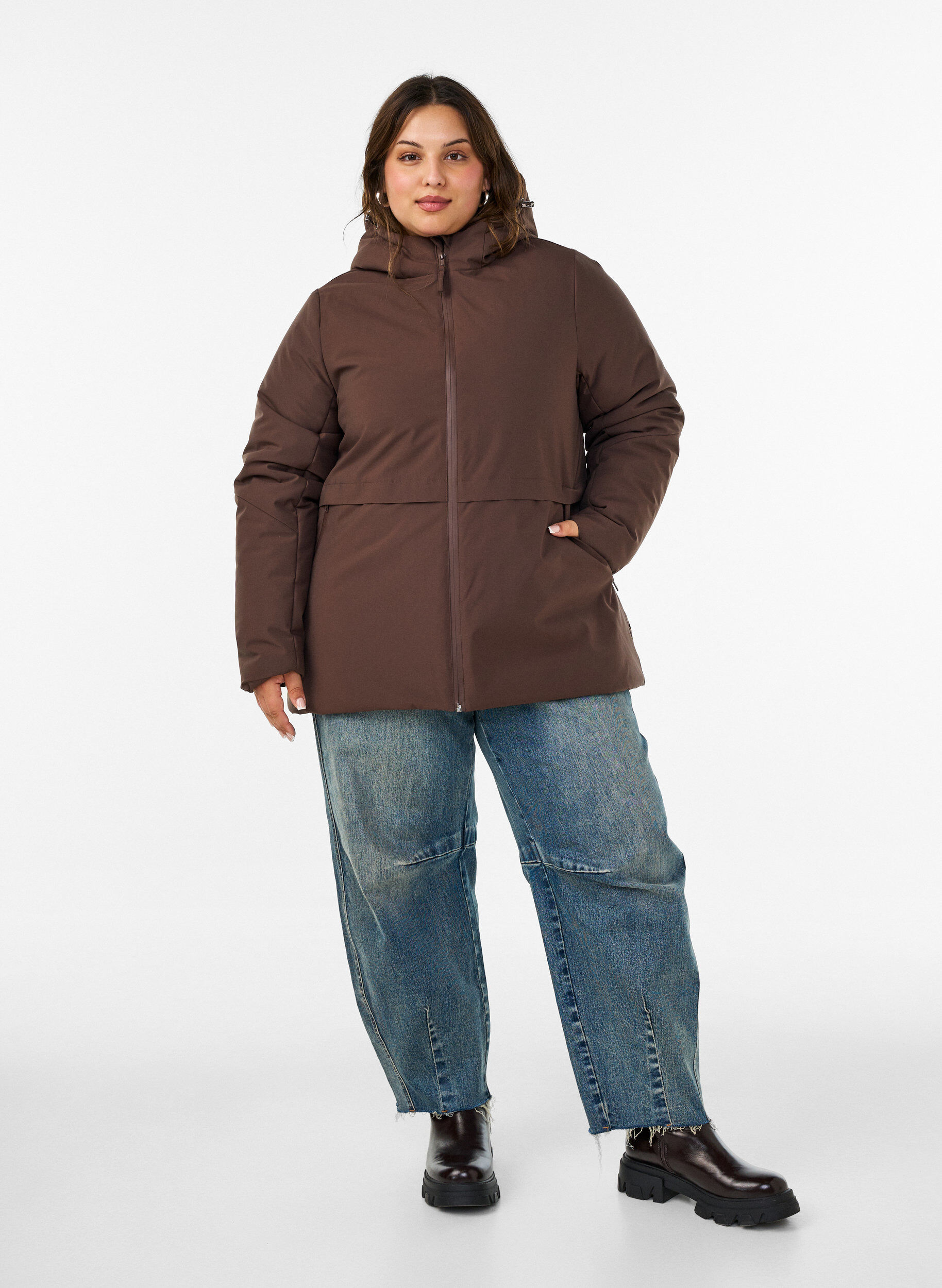ZizzifashionWinter jacket with hood and adjustable waist, Brown, Model image number 1