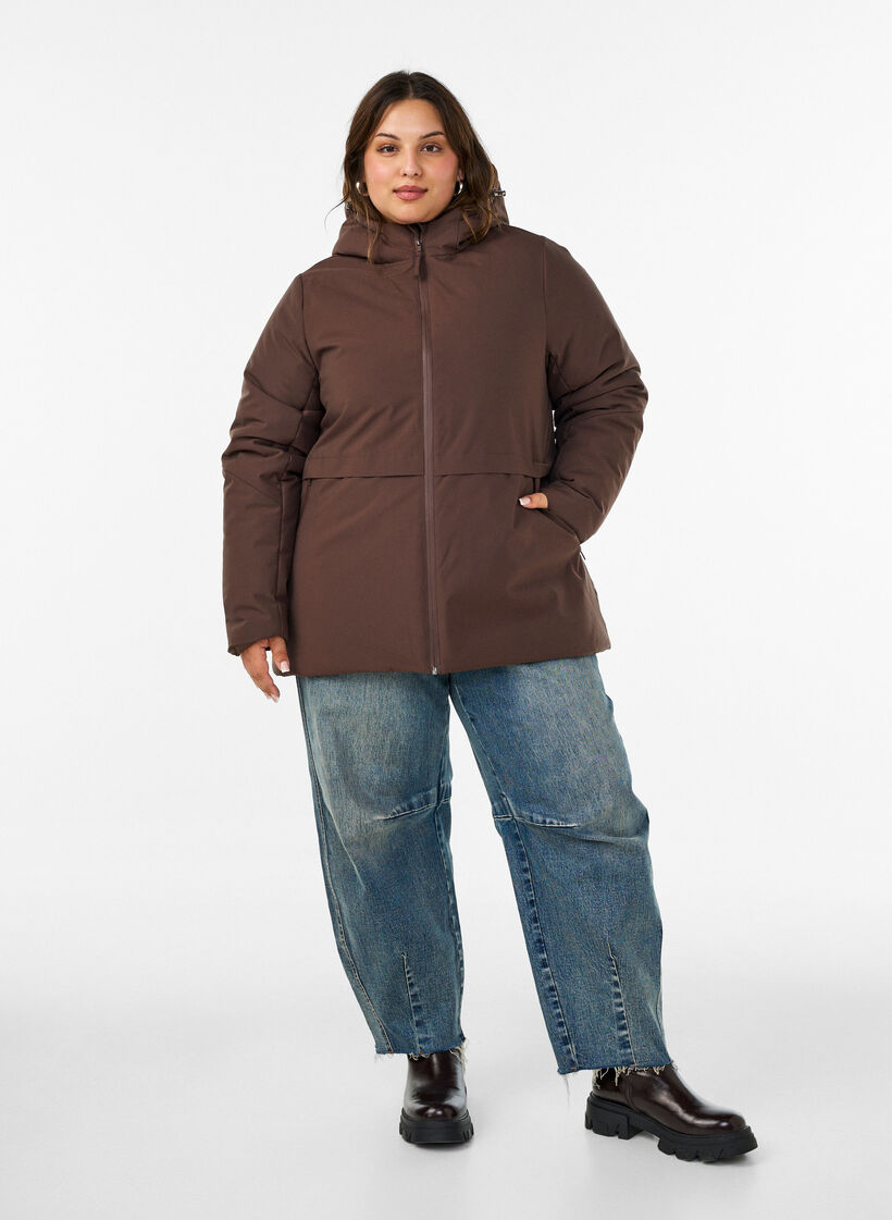 Winter jacket with hood and adjustable waist, Brown, Model image number 1