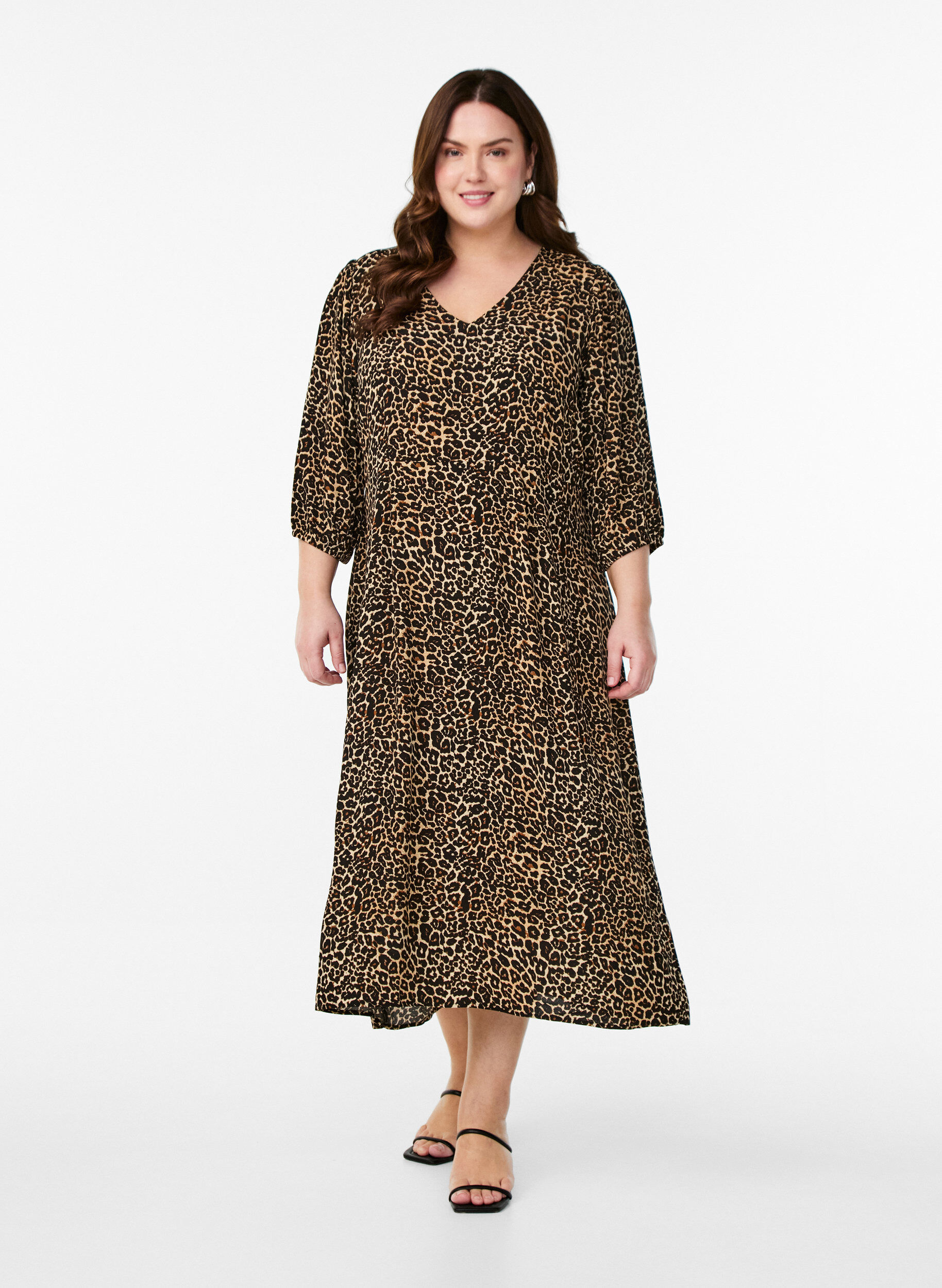 Zizzifashion Midi dress with leopard print and 3/4 sleeves, Brown, Model image number 1