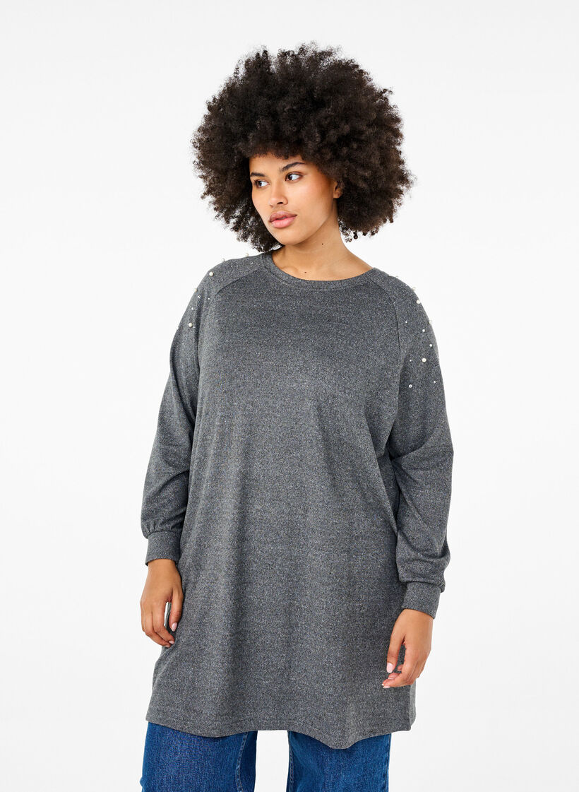 Long-sleeved dress with pearls, Dark Grey, Model image number 0