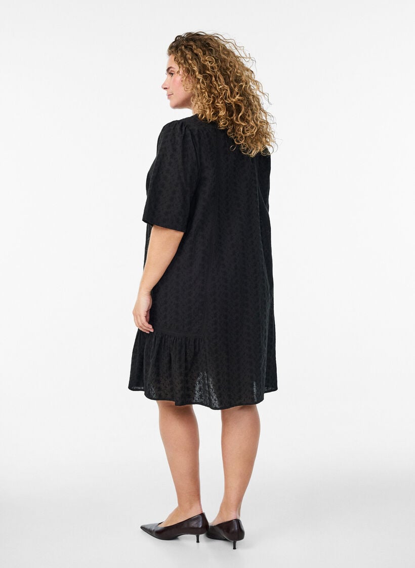 Knee-length cotton dress with embroidery and a V-neck, Black, Model image number 2
