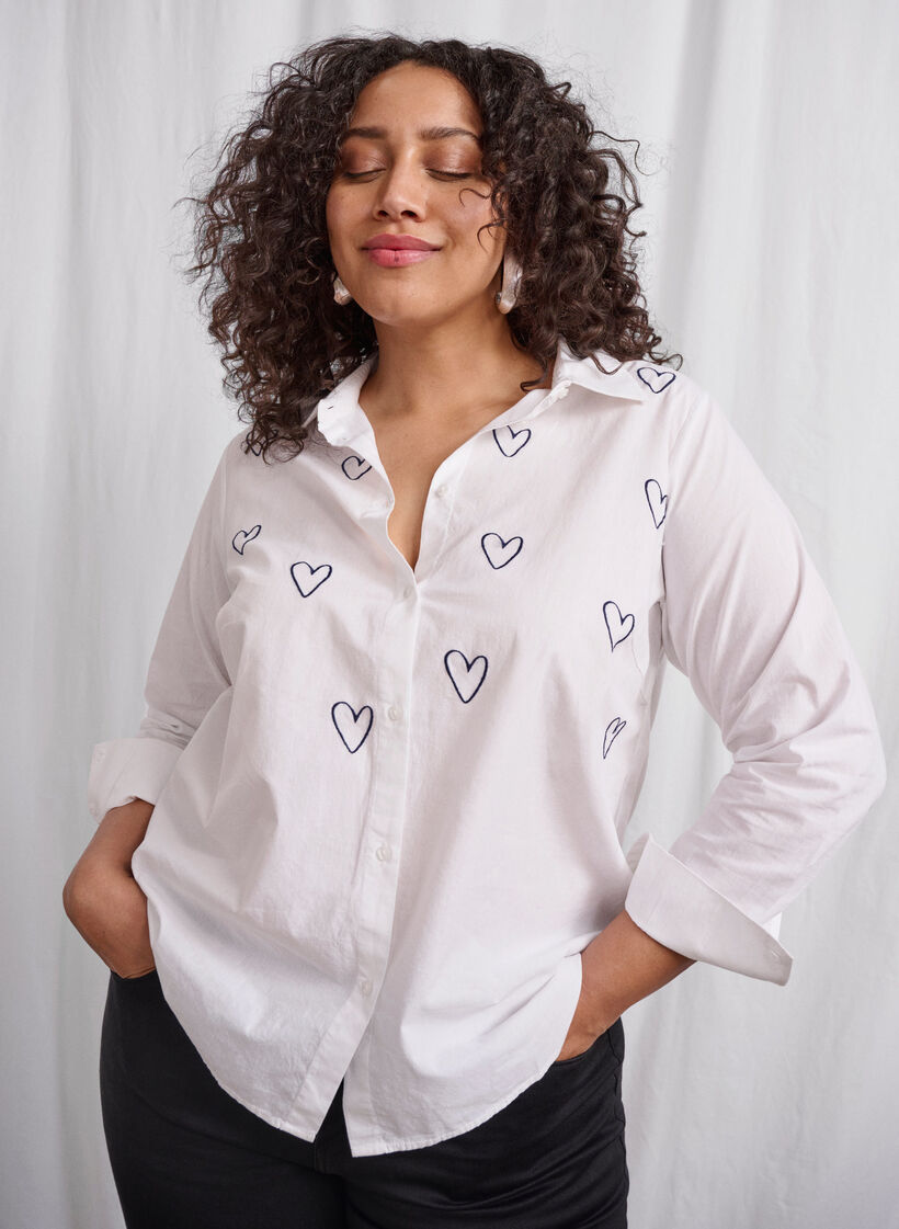Classic shirt with embroidered hearts, Bright Wh.W. Blue H., Image image number 0