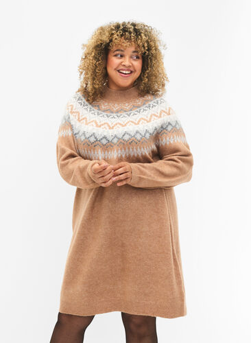 Patterned knitted dress with long sleeves, Chipmunk Mel. Comb, Model image number 0