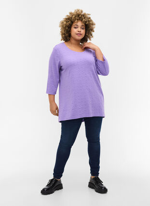 Long blouse with crew neck and 3/4 sleeves, Paisley Purple, Model image number 2