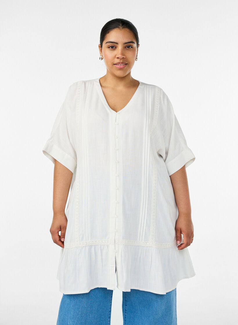 Viscose tunic with buttons and frill hem, Vanilla, Model image number 0