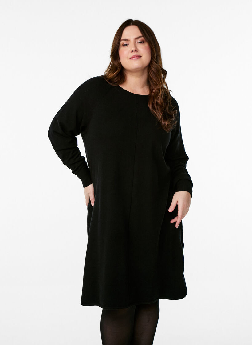 Knitted dress with a round neck and knitted pattern, Black, Model image number 0