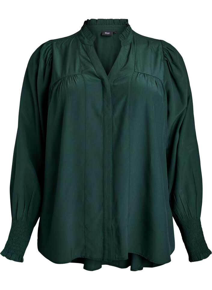 Blouse with ruffle collar and ruching, Green, Packshot image number 0