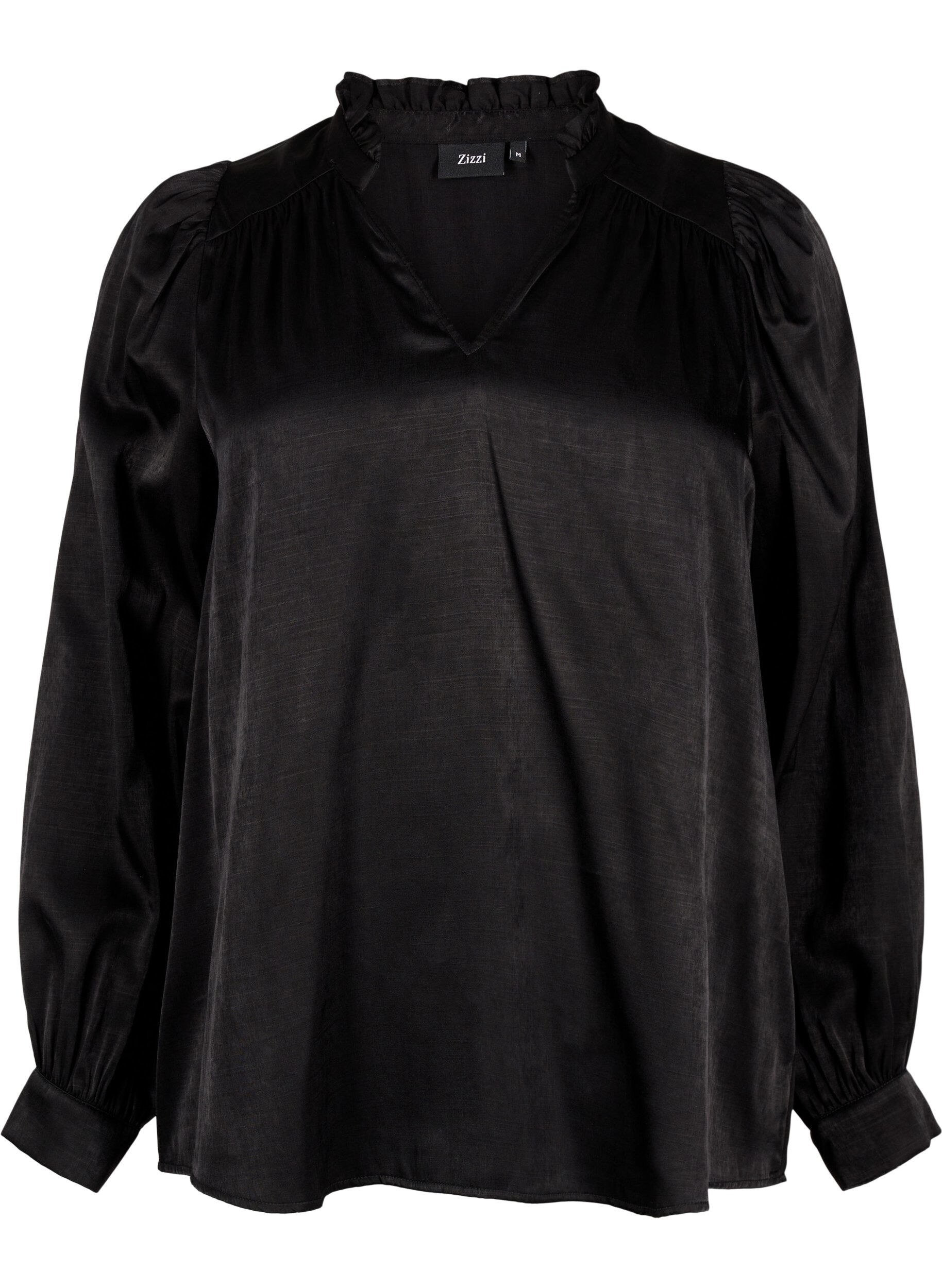 Zizzifashion Long-sleeved blouse with ruffles and v-neck, Black, Packshot image number 0