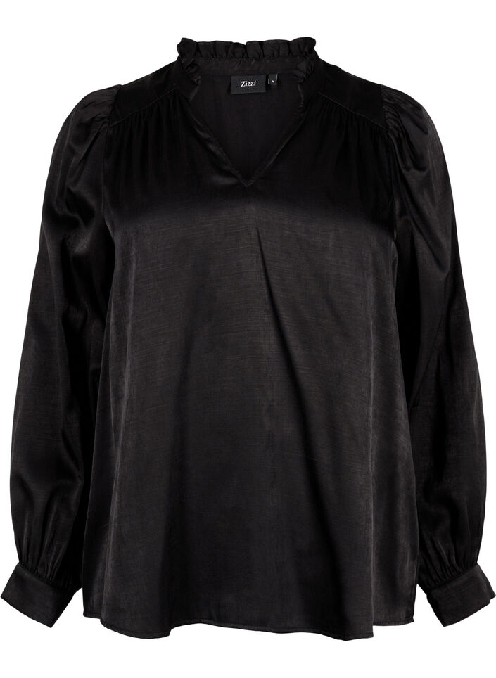 Long-sleeved blouse with ruffles and v-neck, Black, Packshot image number 0