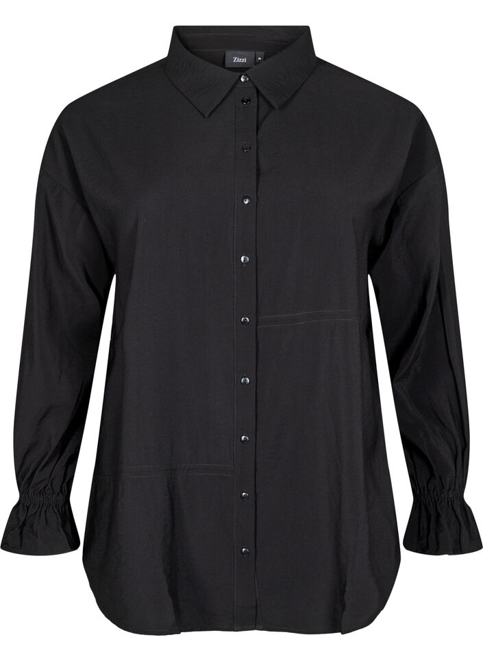 Shirt with long sleeves and ruffle details, Black, Packshot image number 0