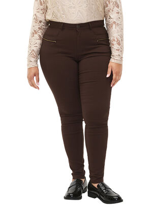 Close-fitting trousers with zipper details, Coffee Bean, Model image number 3