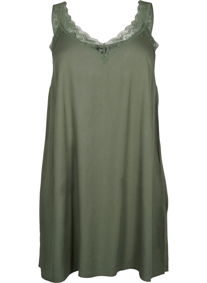 Strap dress in viscose with lace, Thyme, Packshot image number 0