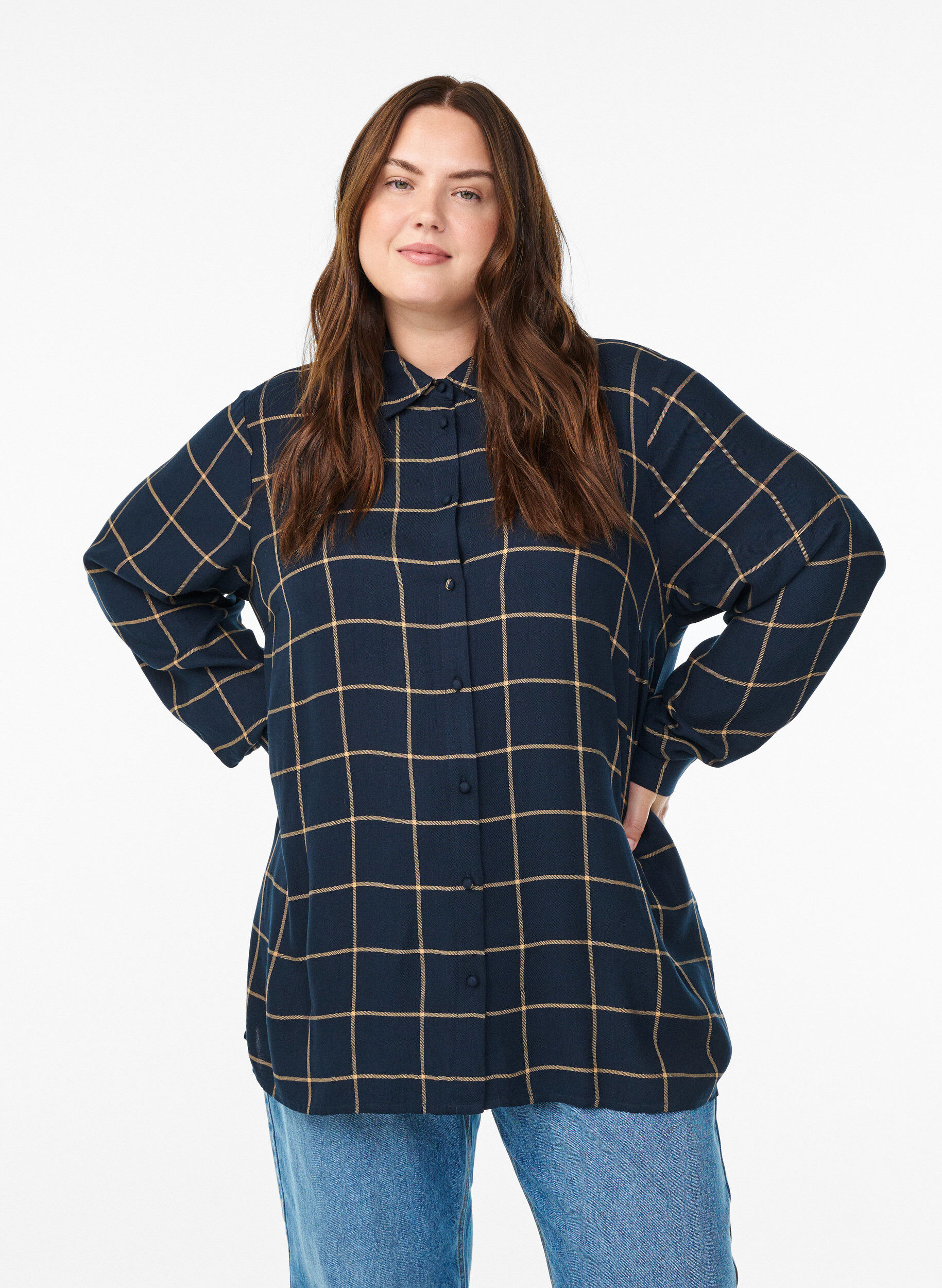 Checked oversized cotton shirt, Blue, Model