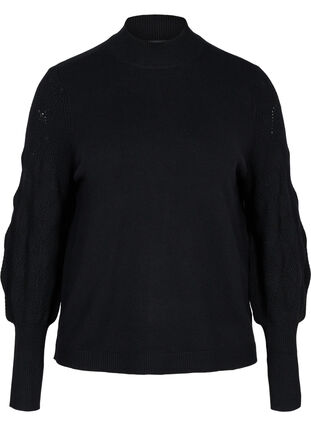 High neck, balloon-sleeved knitted blouse, Black, Packshot image number 0