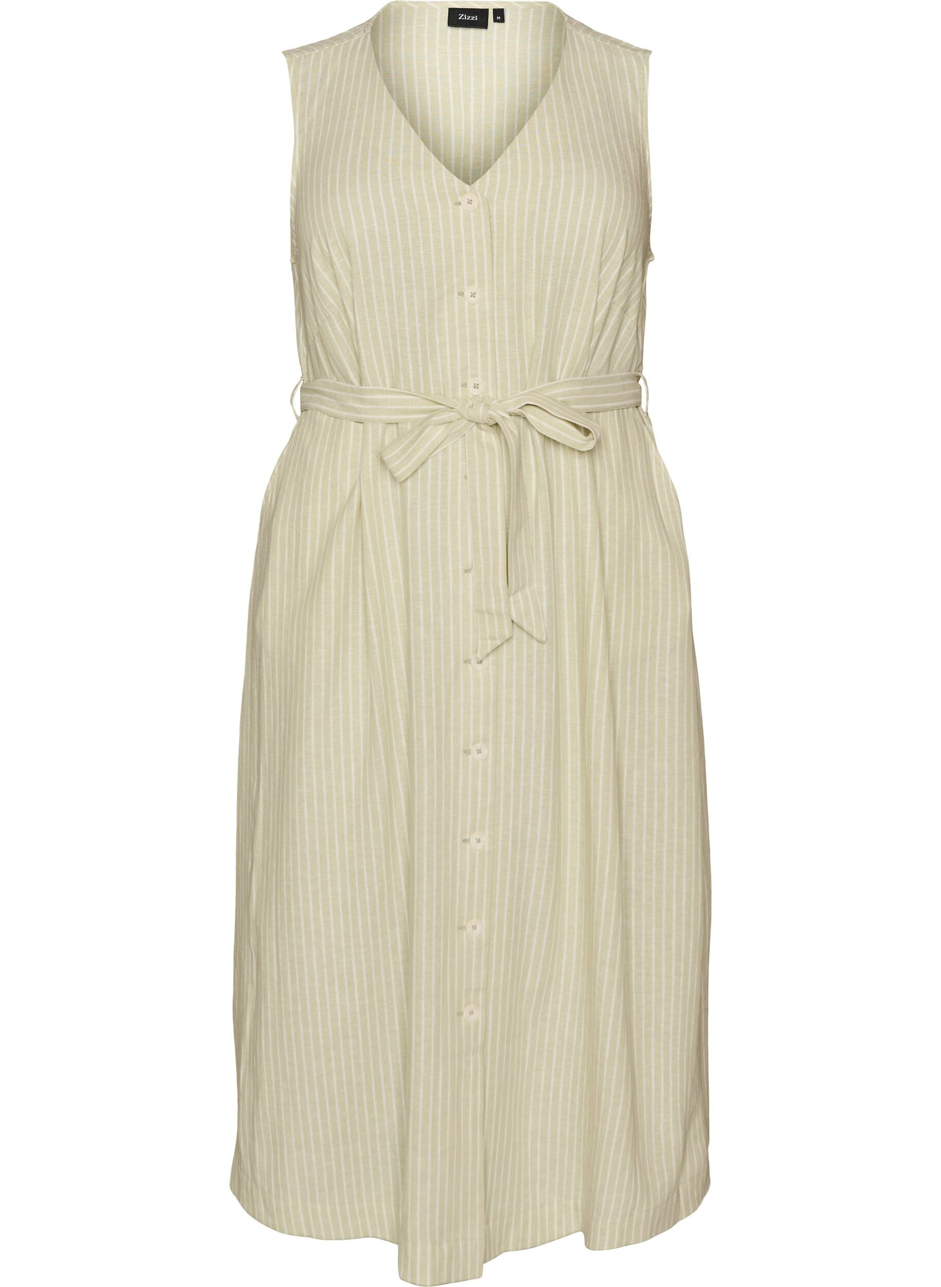 ZizzifashionSleeveless striped midi dress in linen and viscose, Green, Packshot image number 0