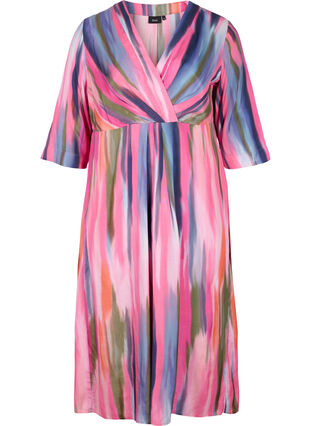 Printed midi dress with 3/4 sleeves, Pink AOP, Packshot image number 0