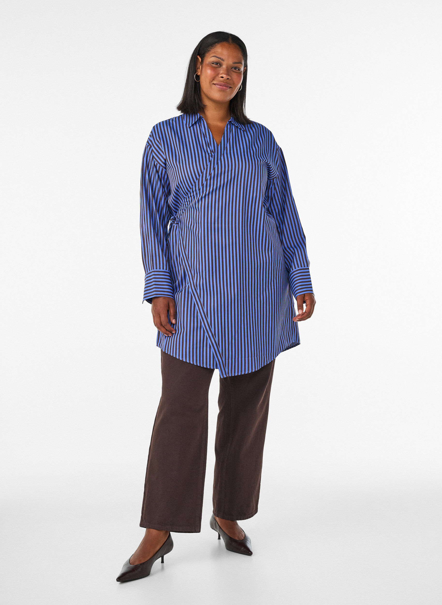 ZizzifashionStriped shirt with a wrap effect and a tie-belt, Blue, Model image number 1