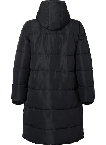 Long puffer jacket with pockets and hood, Black, Packshot image number 1