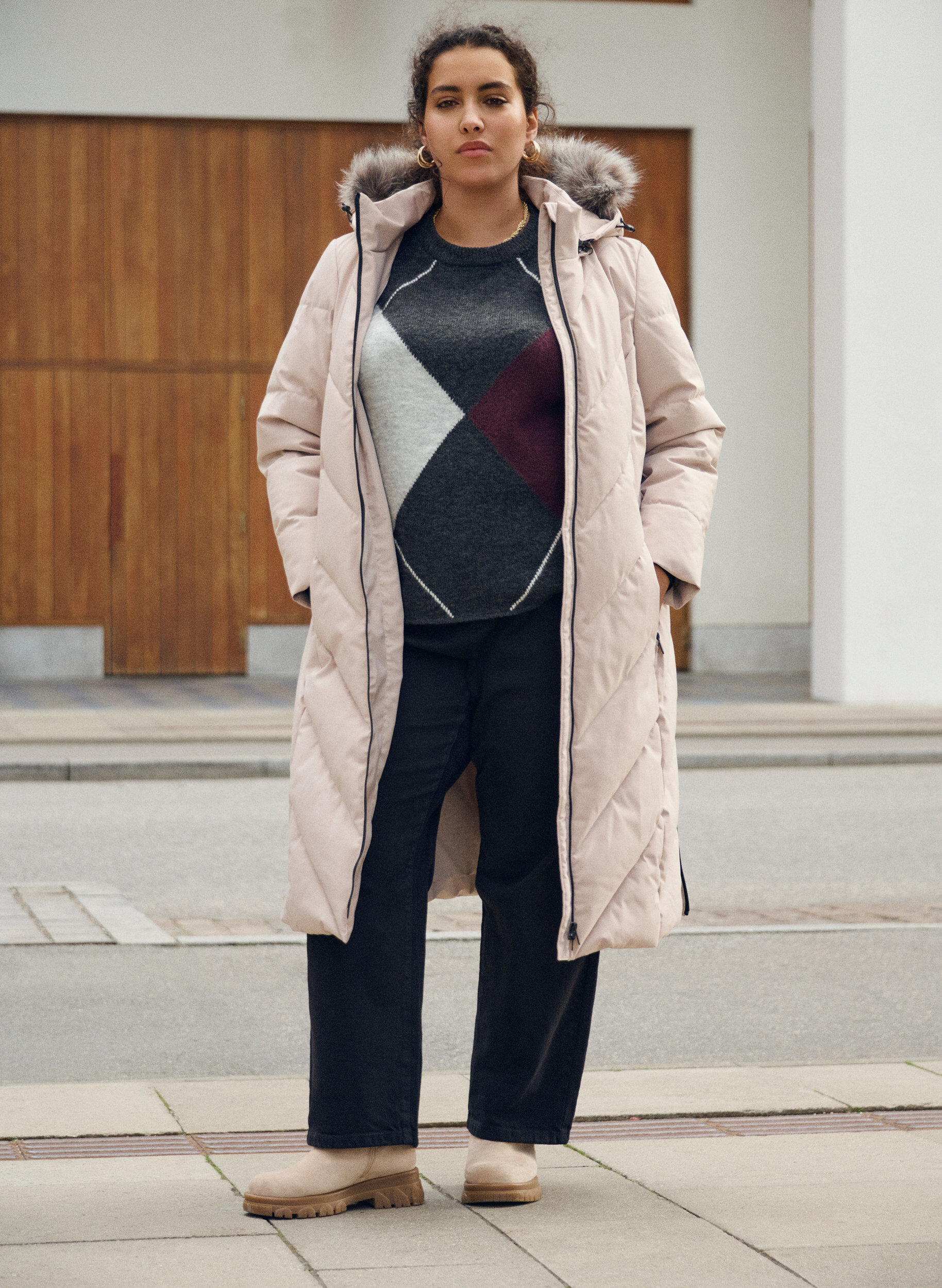 Zizzifashion Jumper with large checks and contrast sleeves, Dark Grey, Image image number 0