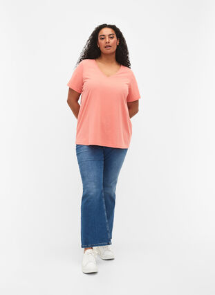 Short sleeve t-shirt with v-neckline, Bright Coral, Model image number 2