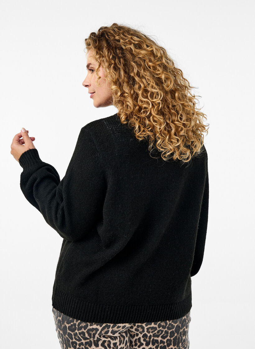 Knitted cardigan with wool and buttons, Black Solid, Model image number 1