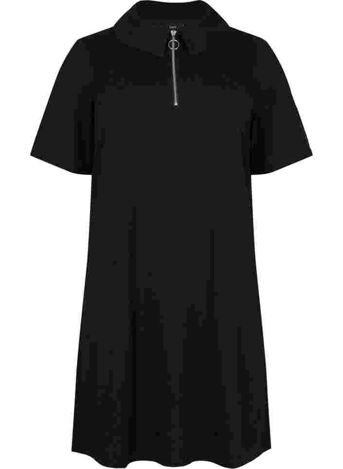 Short-sleeved dress with a collar and zip, Black, Packshot image number 0