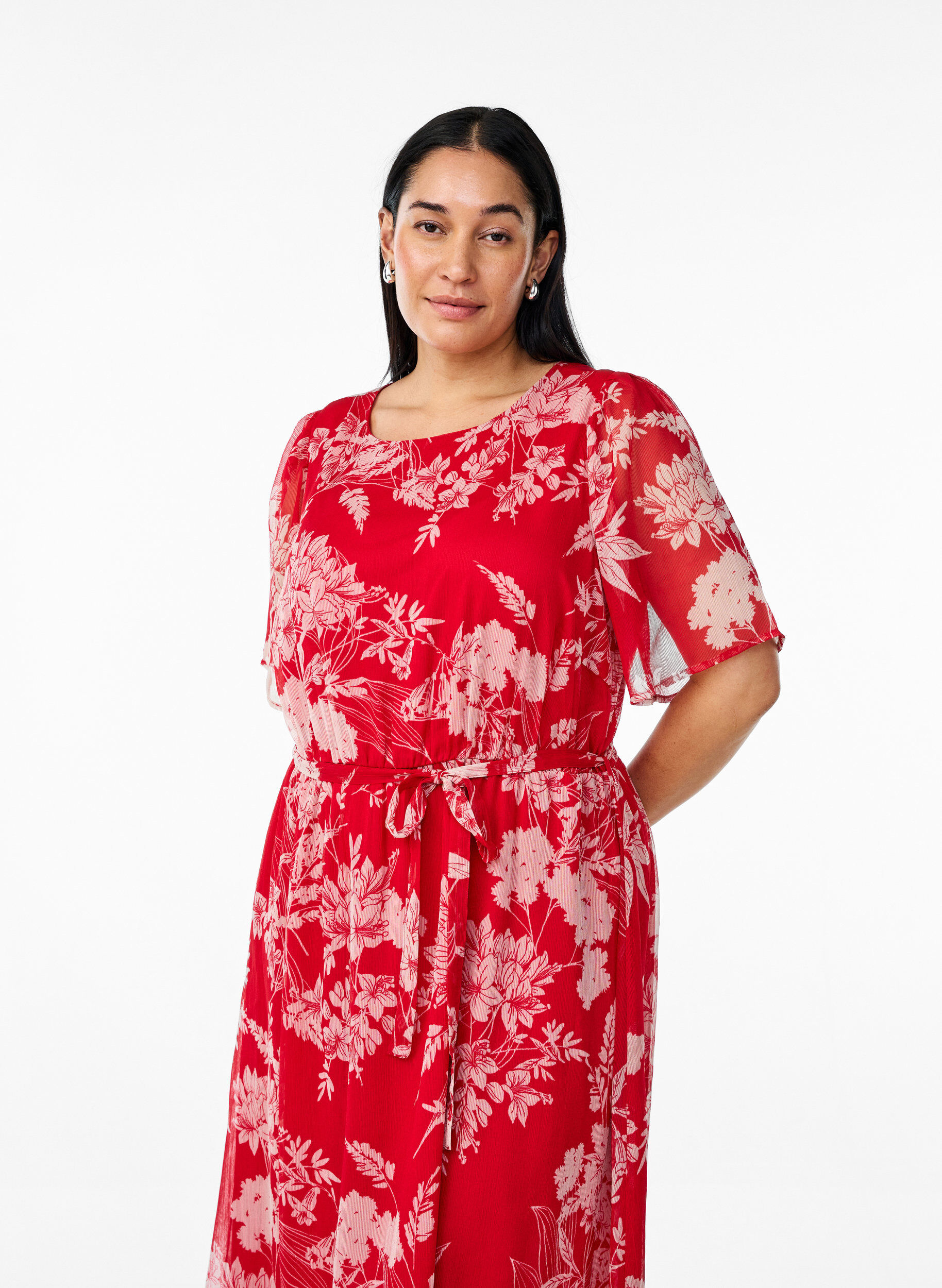 Zizzifashion Long chiffon dress with floral print, Red Flower AOP, Model image number 2