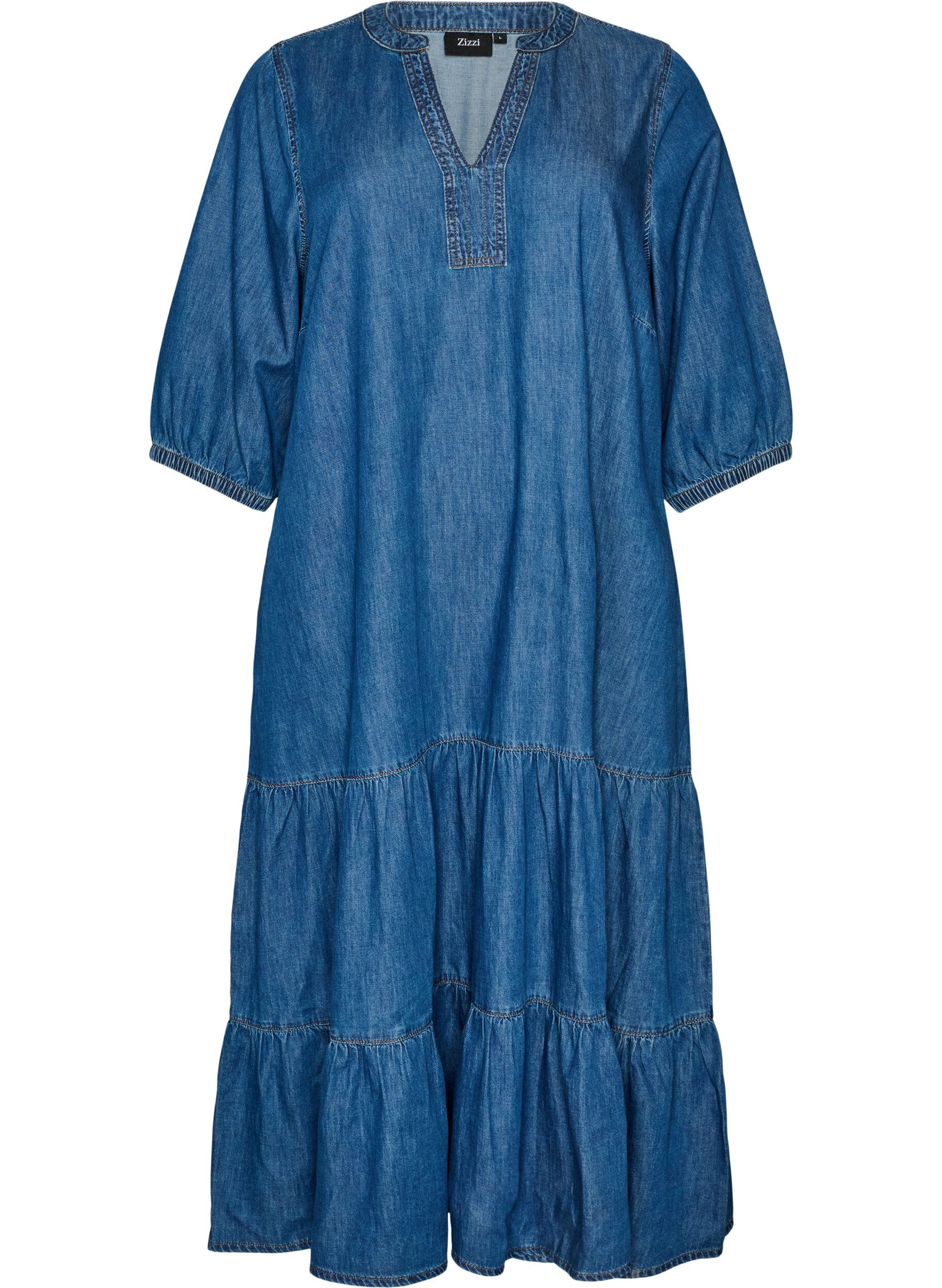 Denim maxi dress with frilled tiers