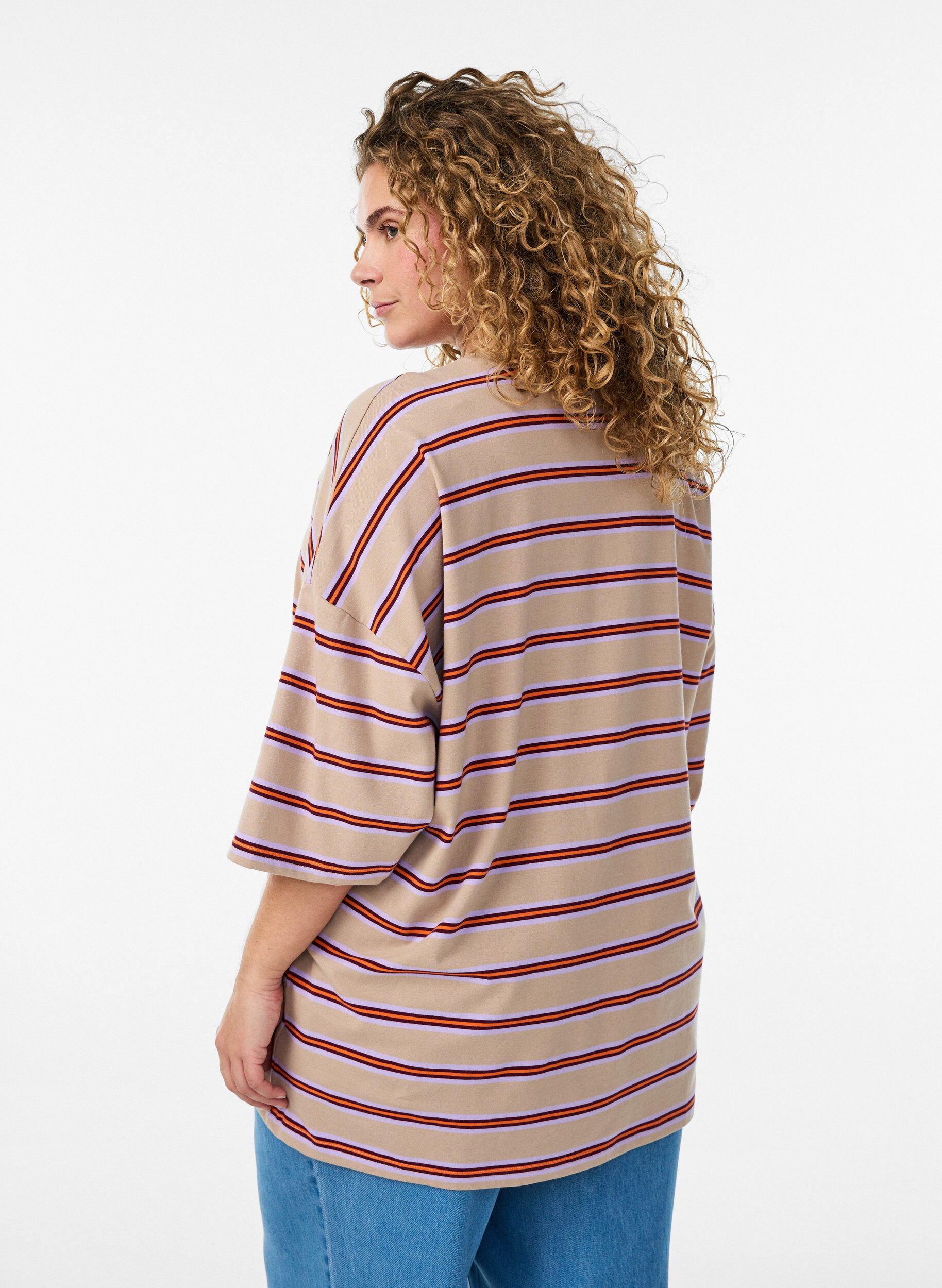 ZizzifashionOversized T-shirt with stripes and 1/2 sleeves, Beige, Model image number 2