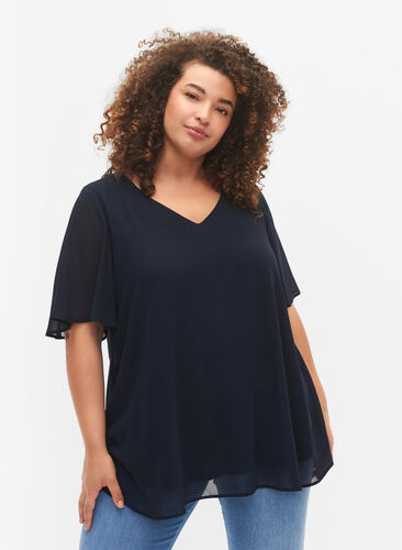 V-neck blouse with short sleeves, Total Eclipse, Model image number 0
