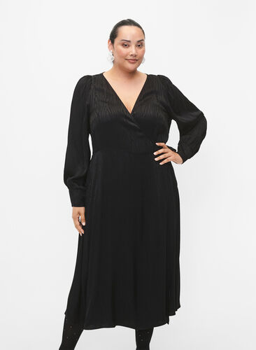 Long-sleeved viscose dress with tone-on-tone print, Black, Model image number 0
