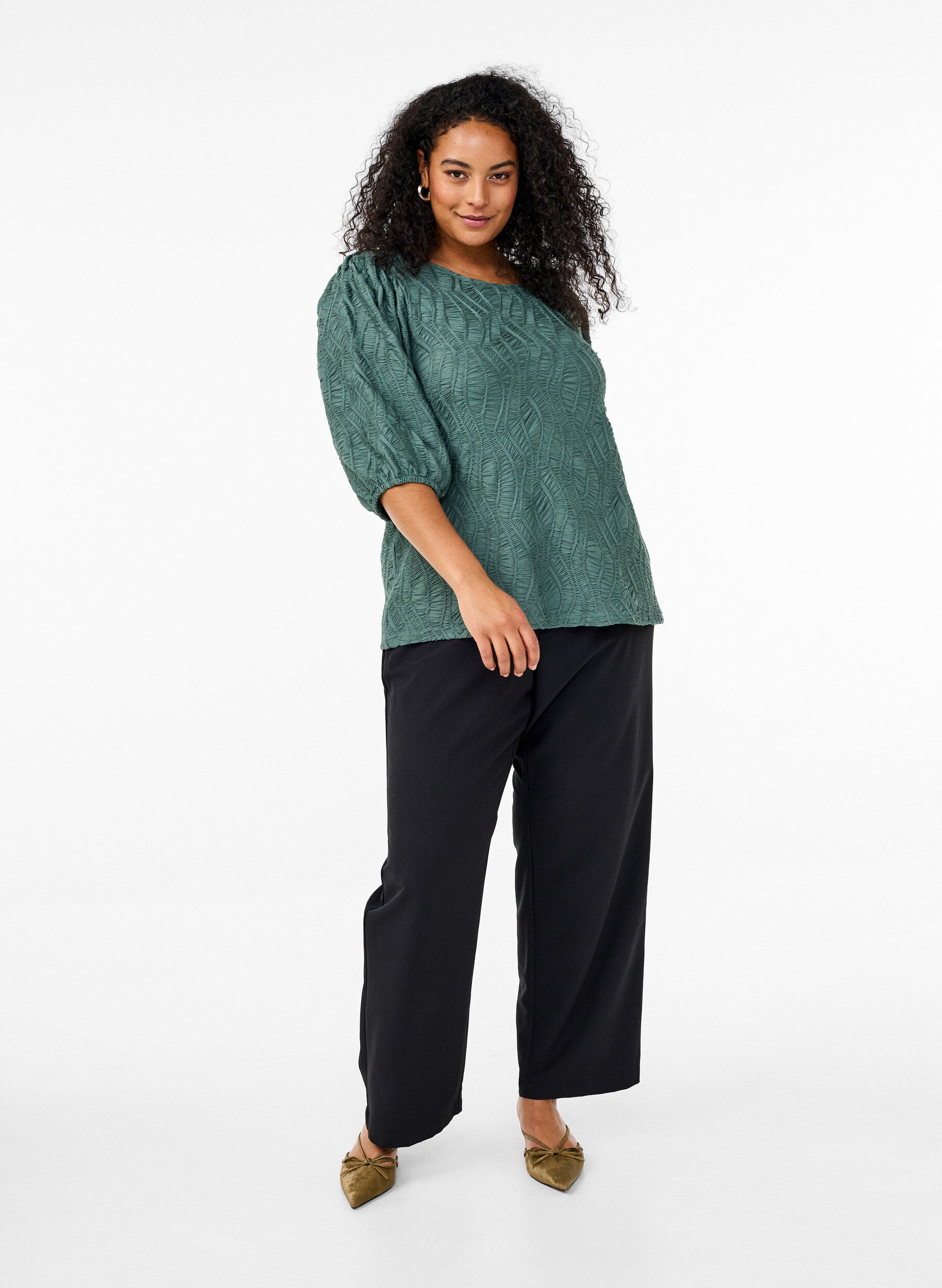 Zizzifashion Blouse with texture and 3/4 sleeves, Green, Model image number 1