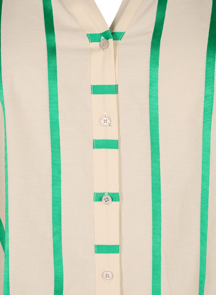 Striped cotton shirt blouse with ruffle collar, Beige Green Stripe, Packshot image number 2