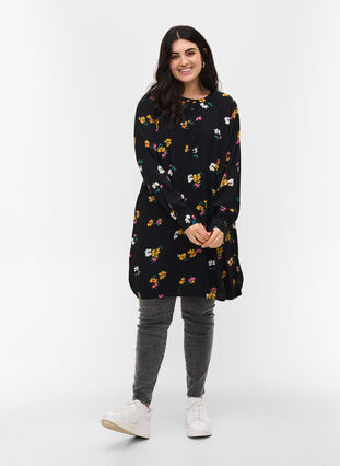 Viscose tunic with print, Black Flower, Model image number 2