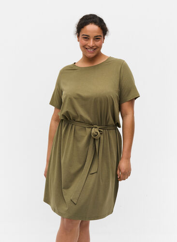 Short sleeve dress with waist belt, Dusty Olive, Model image number 0