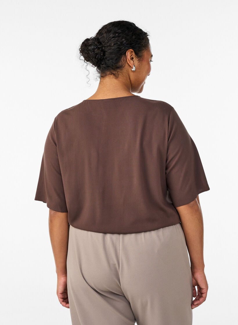FLASH - Short-sleeved woven blouse with round neck, Brown, Model image number 2