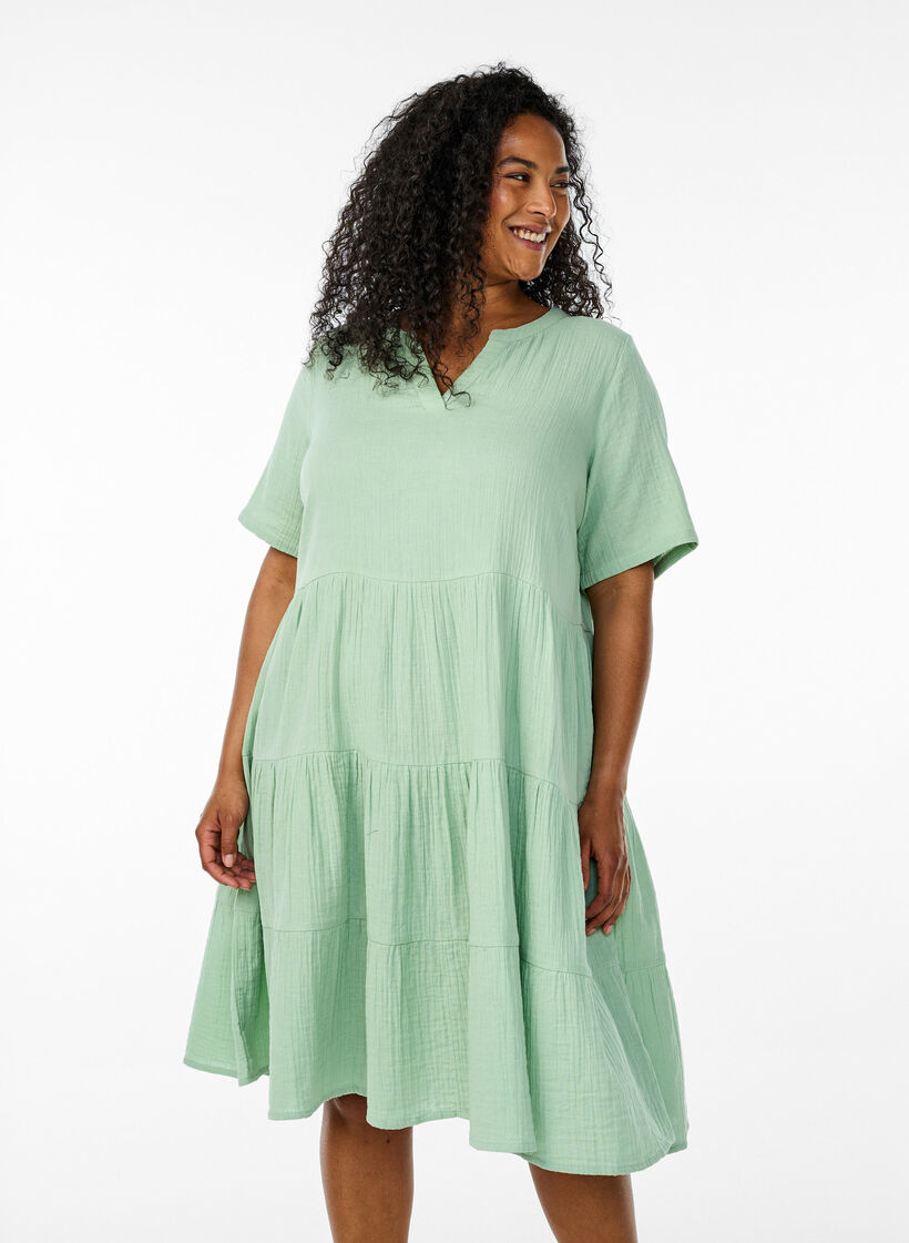 Knee-length cotton muslin dress with an A-line cut, Green, Model image number 0