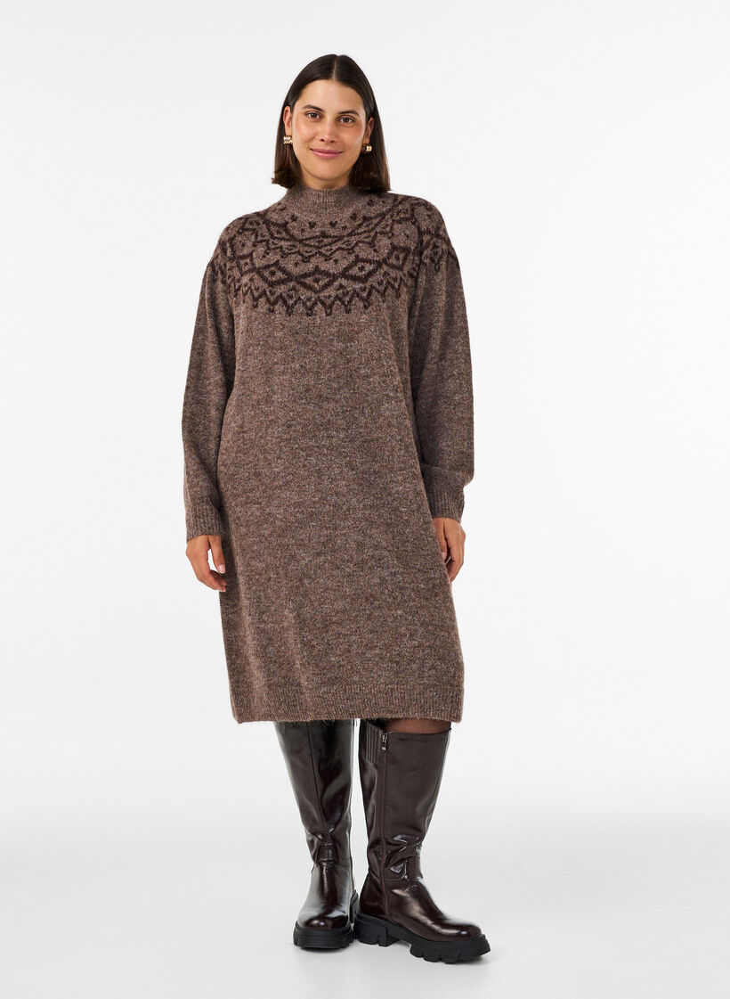 Knitted dress with jacquard pattern, Brown, Model image number 0