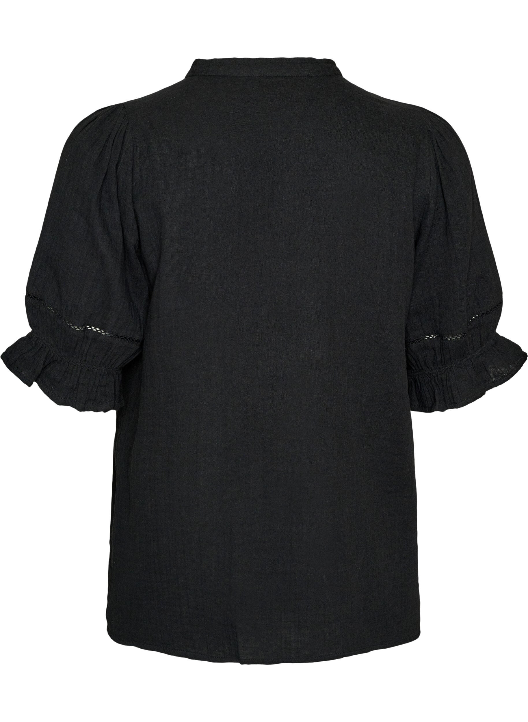 ZizzifashionShort-sleeved cotton muslin blouse with crochet trim, Black, Packshot image number 1