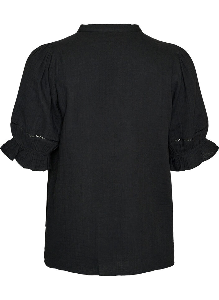Short-sleeved cotton muslin blouse with crochet trim, Black, Packshot image number 1