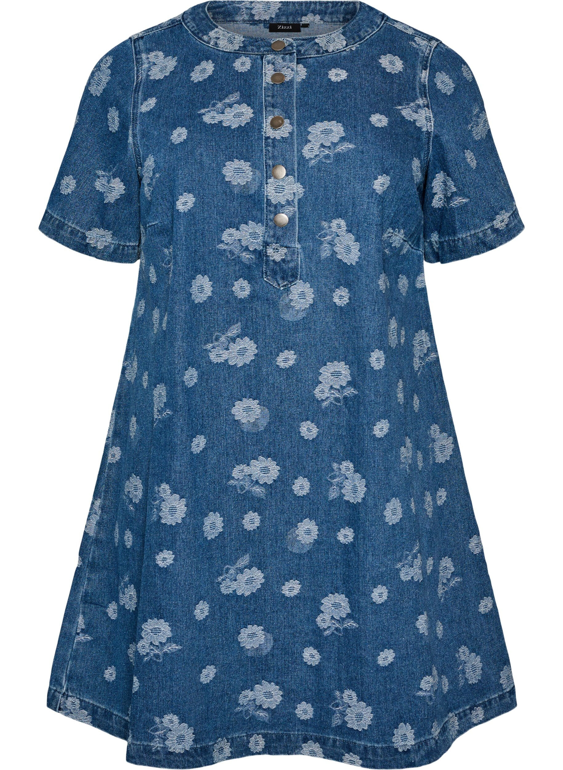 ZizzifashionA-line denim dress with floral pattern, Blue, Packshot image number 0